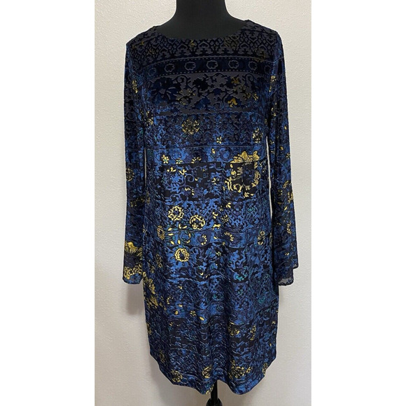 NWT Eci NY Shift Dress Medium Navy & Gold Velvet Flutter Bell Sleeves Boho Dress - Picture 1 of 16